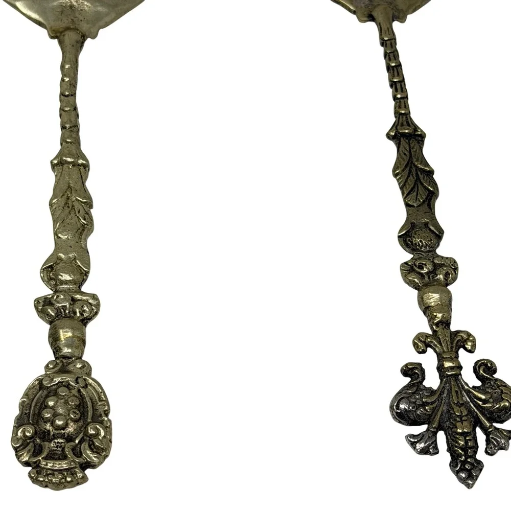 Vintage Pair Italian Brass Pierced Serving‎ Spoons 10in Ornate Baroque